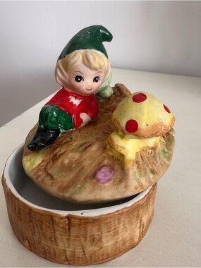 Vintage ceramic lidded trinket dish , 1970’s Pixie Elf